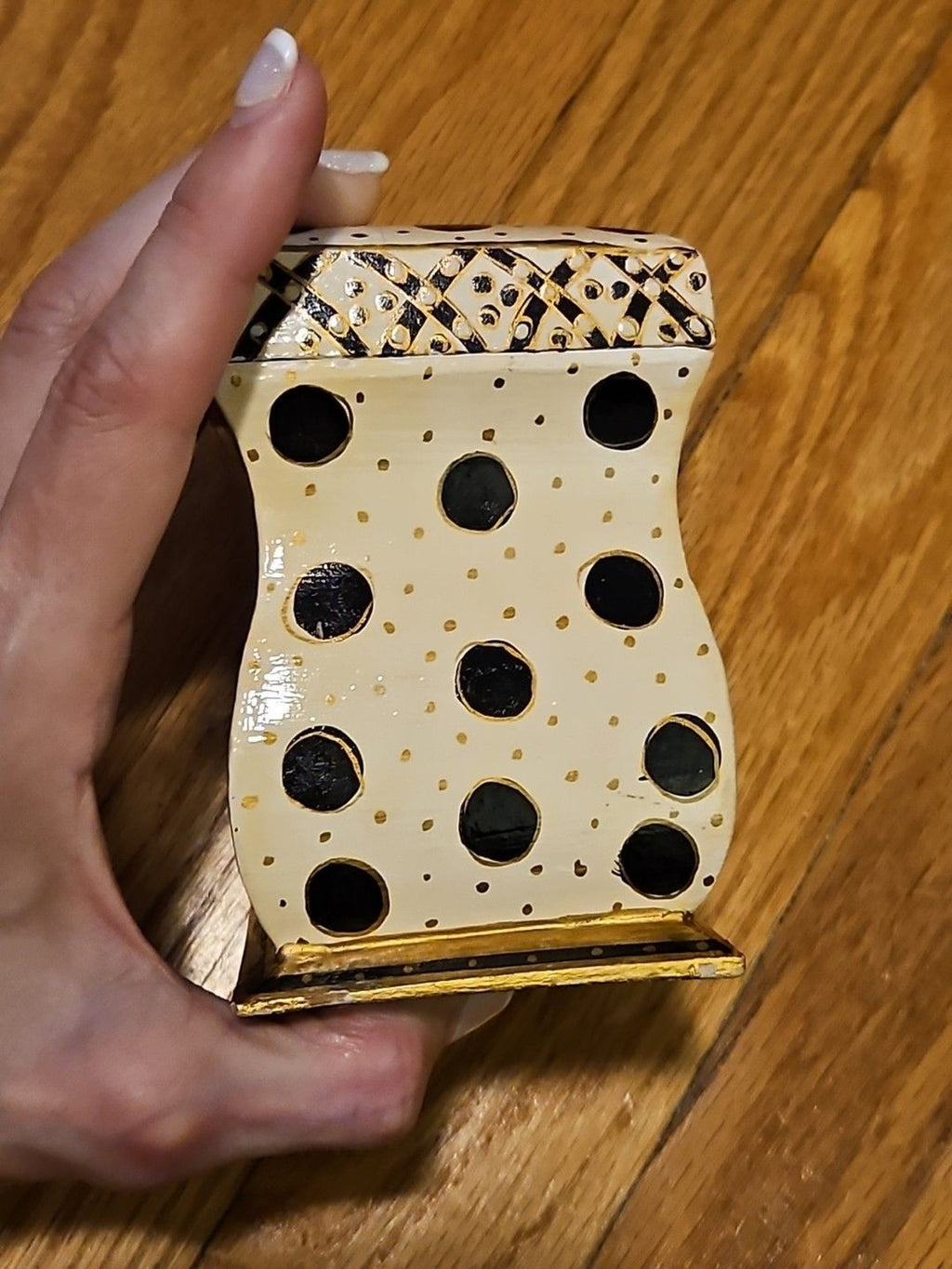 Hand Painted Black, White & Gold Wood 2 Deck Playing Card Holder Canasta Bridge
