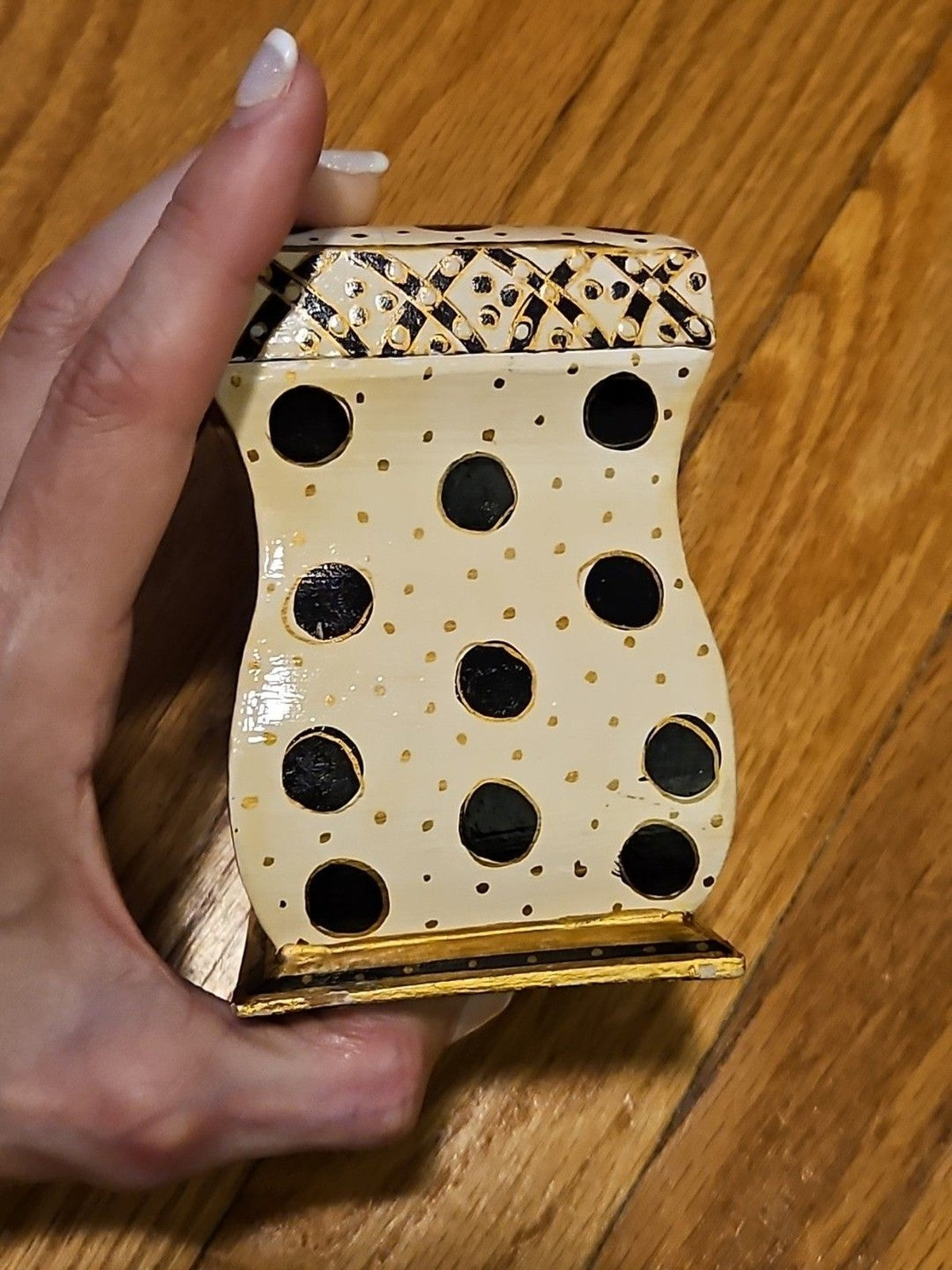 Hand Painted Black, White & Gold Wood 2 Deck Playing Card Holder Canasta Bridge