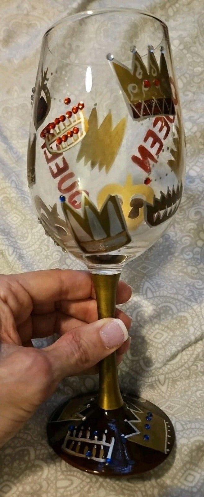 Lolita Hand Painted "Queen" 15oz Stem Wine Glass With Original Box