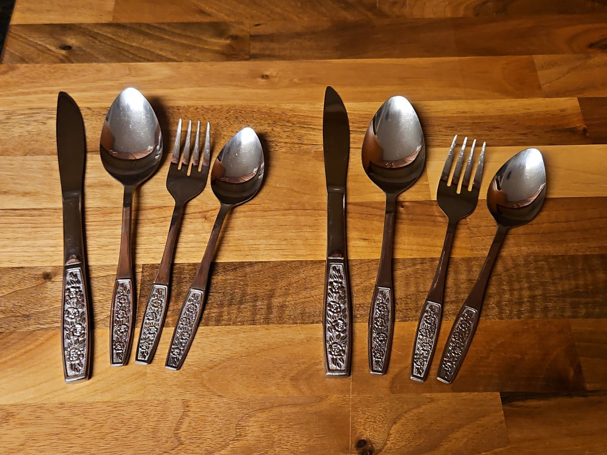 Vintage CustomCraft Stainless Steel Flatware CUS10 4 Pc Service For 2 Roses