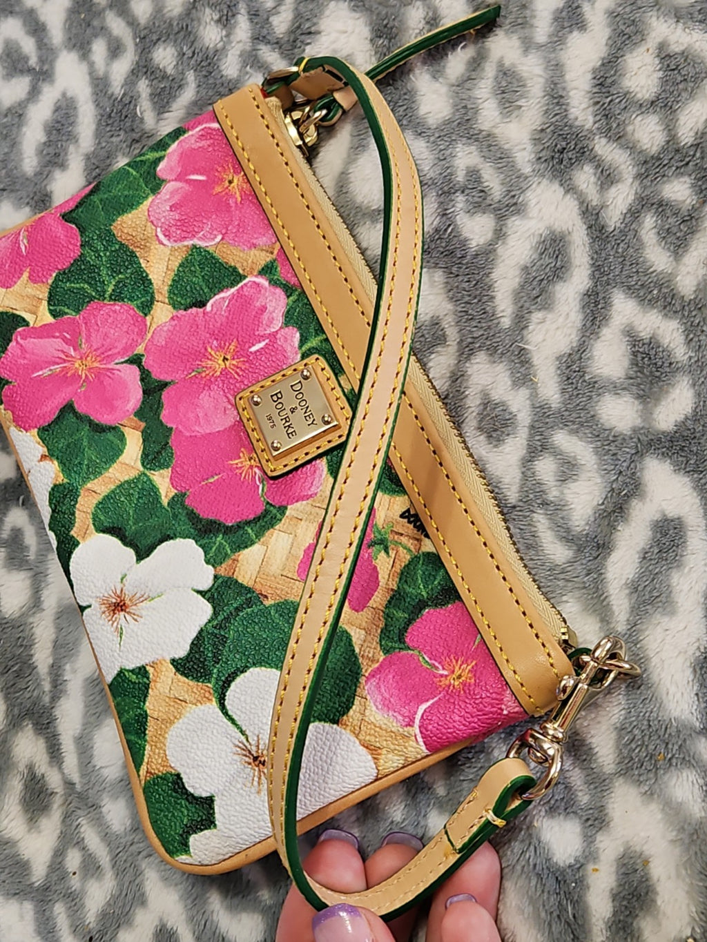 Dooney & Bourke Pink And White Tropical Pansies & Hibiscus Basketweave Wristlet