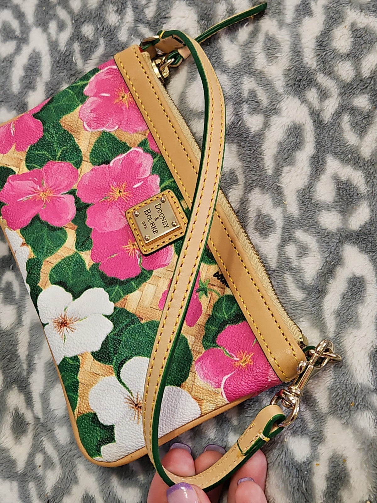 Dooney & Bourke Pink And White Tropical Pansies & Hibiscus Basketweave Wristlet