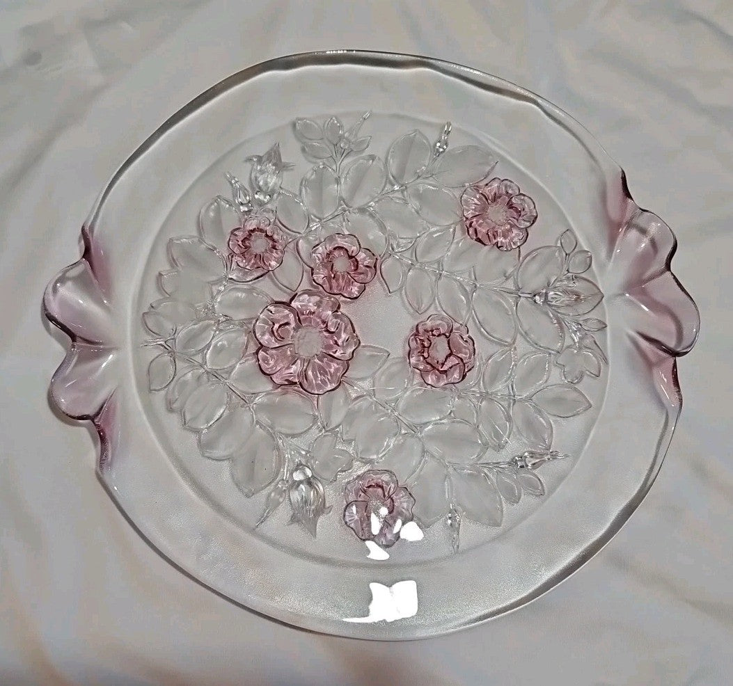 Mikasa Rosella 14" Cake Plate Floral Pattern Pink Roses With Frosted Leaves