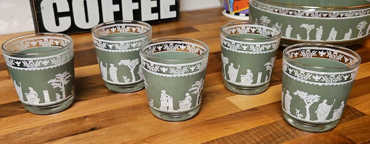 Vintage MCM Jeannette Glass Hellenic Green Grecian Serving Bowl With 5 Tumblers