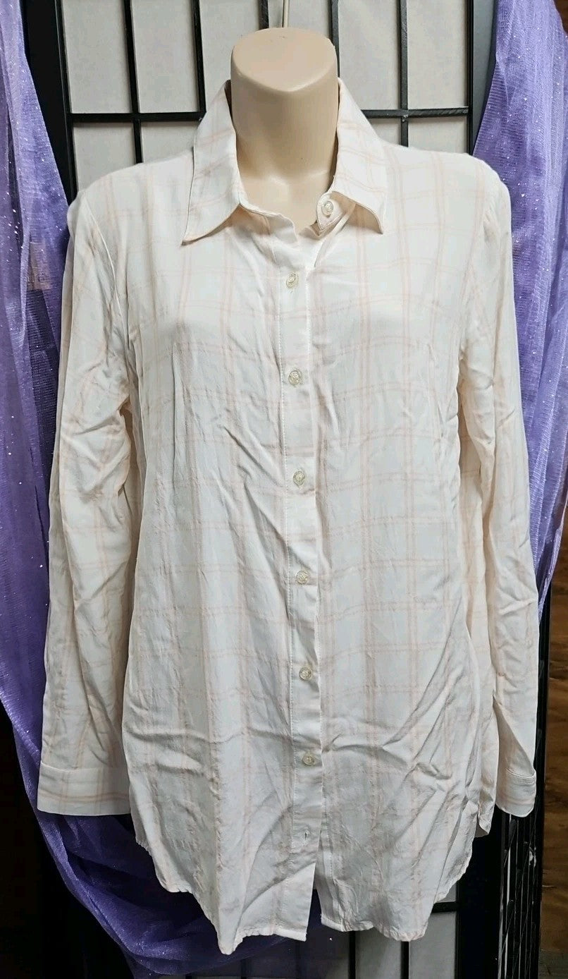 Calvin Klein Long Sleeve Roll Tab Peach & White Plaid Button Down Shirt - Sz S