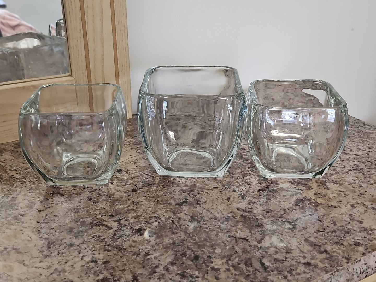Set Of 3 Clear Glass Curved Tapered Square Candle Holders 3.75" & 4.5"