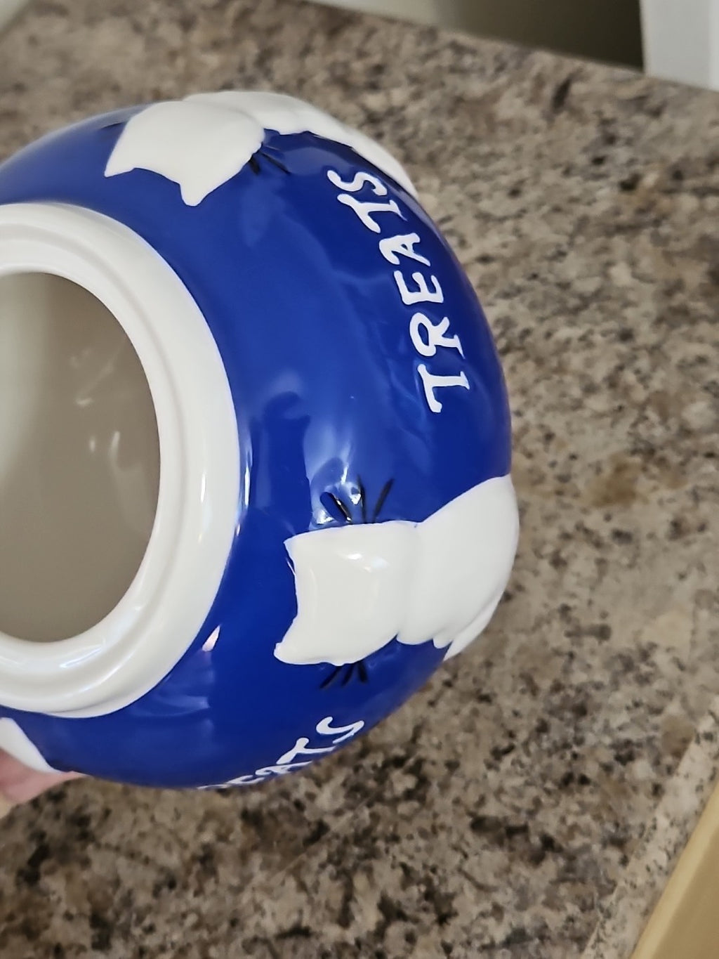 Vintage 1990's Blue & White Ceramic Cat Treats Cookie Jar 4.5" X 6"
