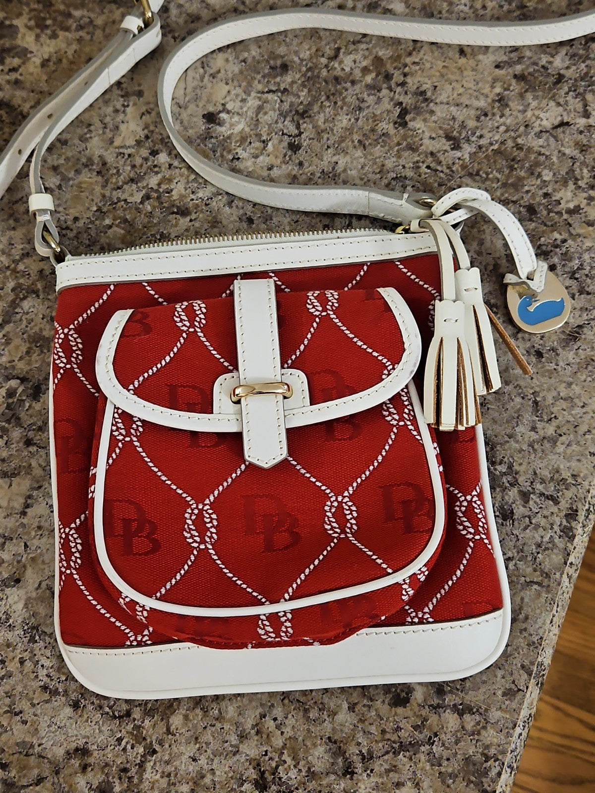 Vintage Y2K Nautical Dooney & Bourke Red & White DB Signature Jacquard Crossbody