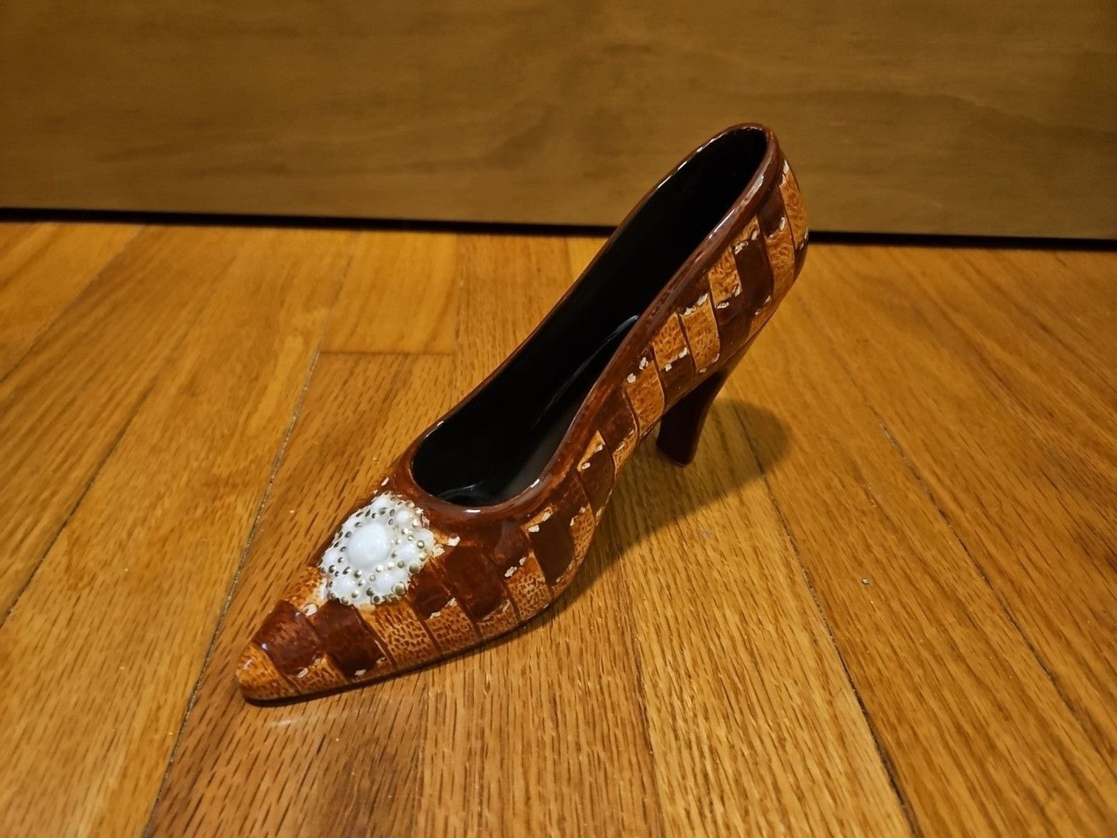 Vintage Two Tone Brown Porcelain Patchwork Women's High Heel Shoe Jewelry Holder