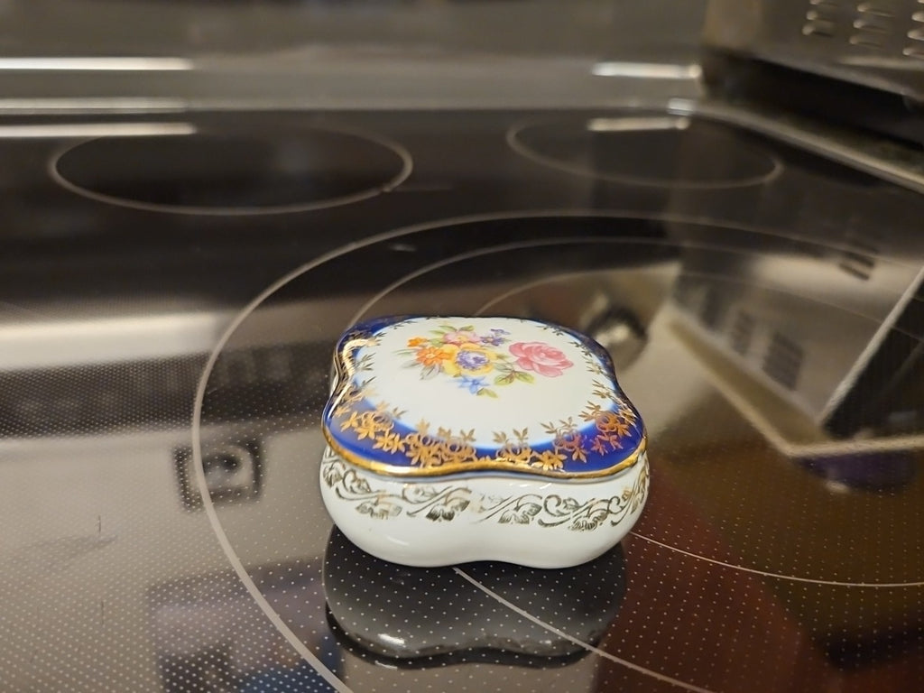 Hand Painted Porcelain Cobalt Blue German Floral Trinket Box Gold Detail