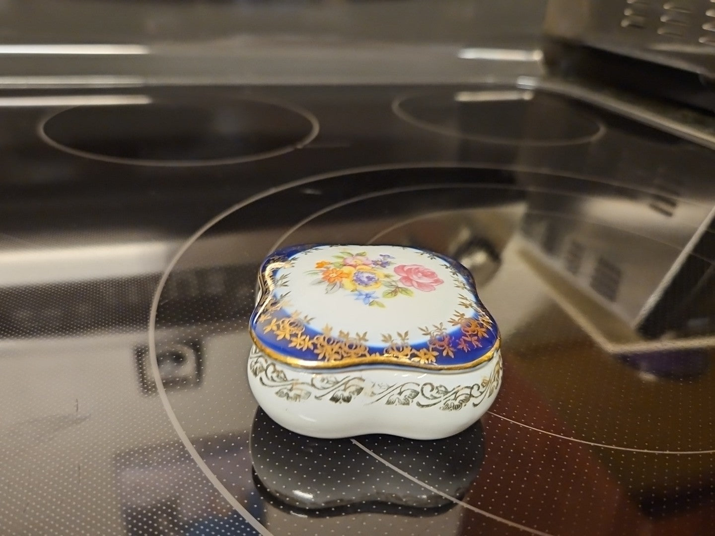 Hand Painted Porcelain Cobalt Blue German Floral Trinket Box Gold Detail