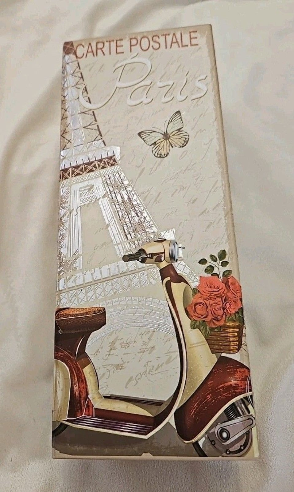 Elegant Storage Box Beige & Silver Paris Eiffel Tower Theme apprx 11.5 x 4.5 x4"
