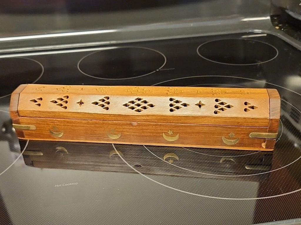 Vintage Wooden Incense Holder Brass Inlaid Stars & Moon w/ Hidden Compartment