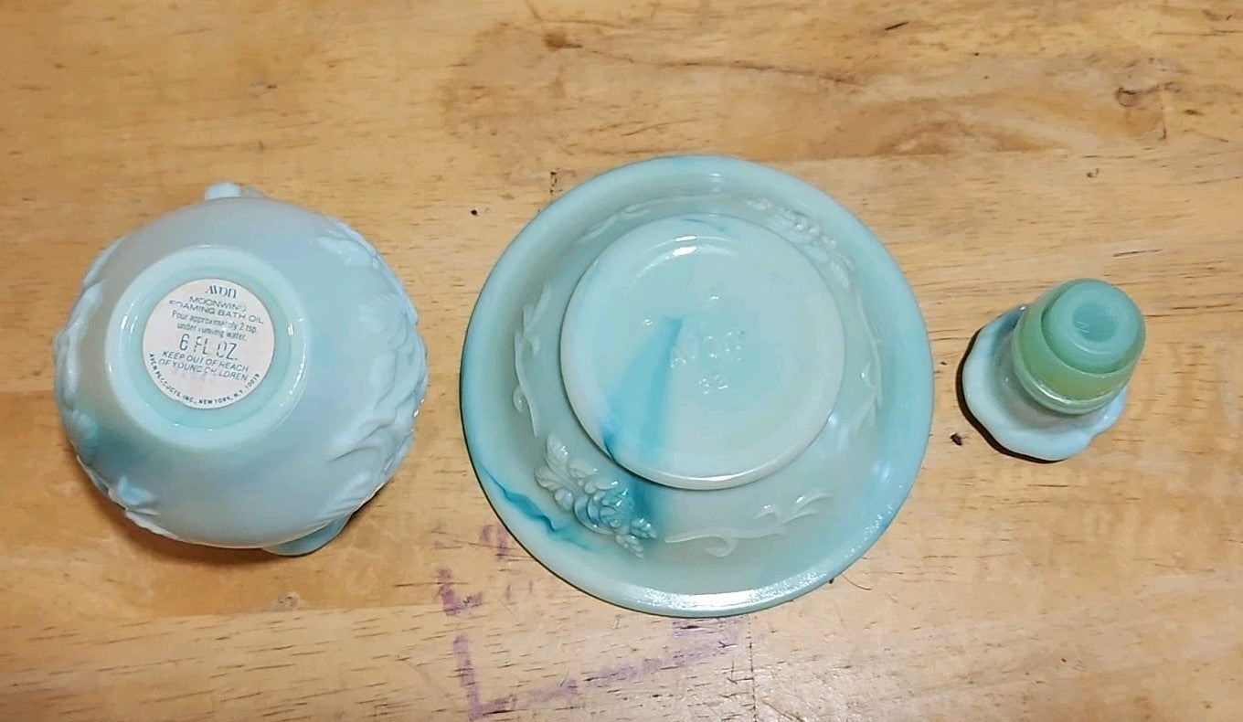 Vintage Avon Moonwind Oil Green Swirl Milk Glass Pitcher With Stopper and Basin