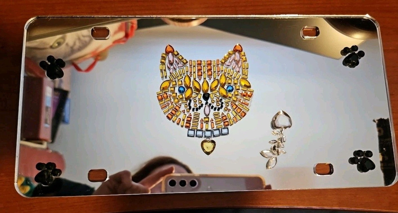 Mirrored License Plate With Rhinestone Cat And Paw Prints New