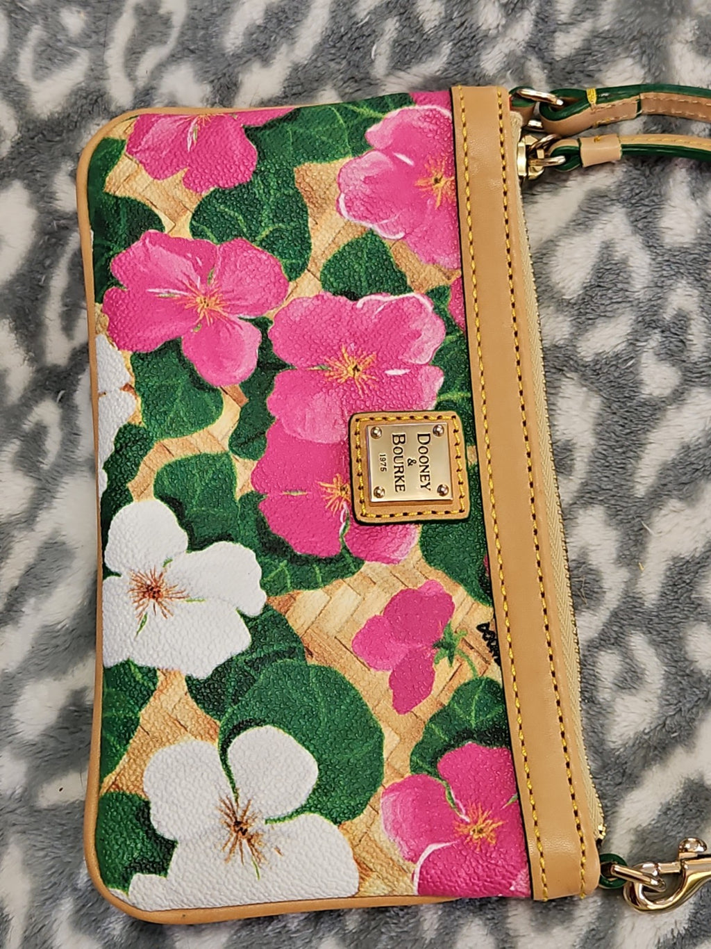 Dooney & Bourke Pink And White Tropical Pansies & Hibiscus Basketweave Wristlet