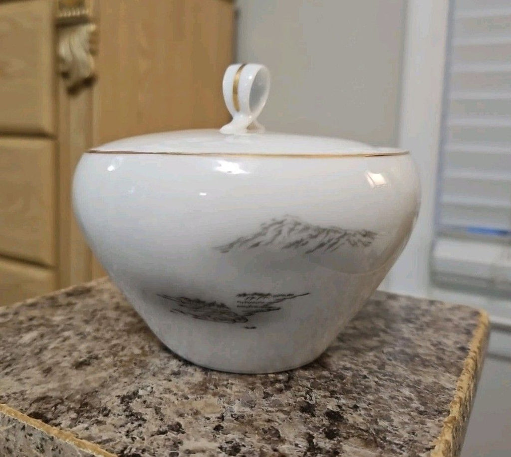 Fukagawa Arita 903 Hand Painted Landscape Lidded Sugar Bowl MINT Gold Trim