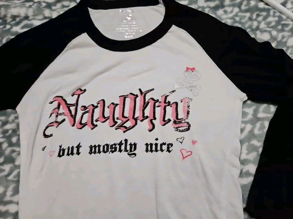 Goth Naughty But Mostly Nice W Silver Skull 3/4 Sleeve Color Block Shirt M