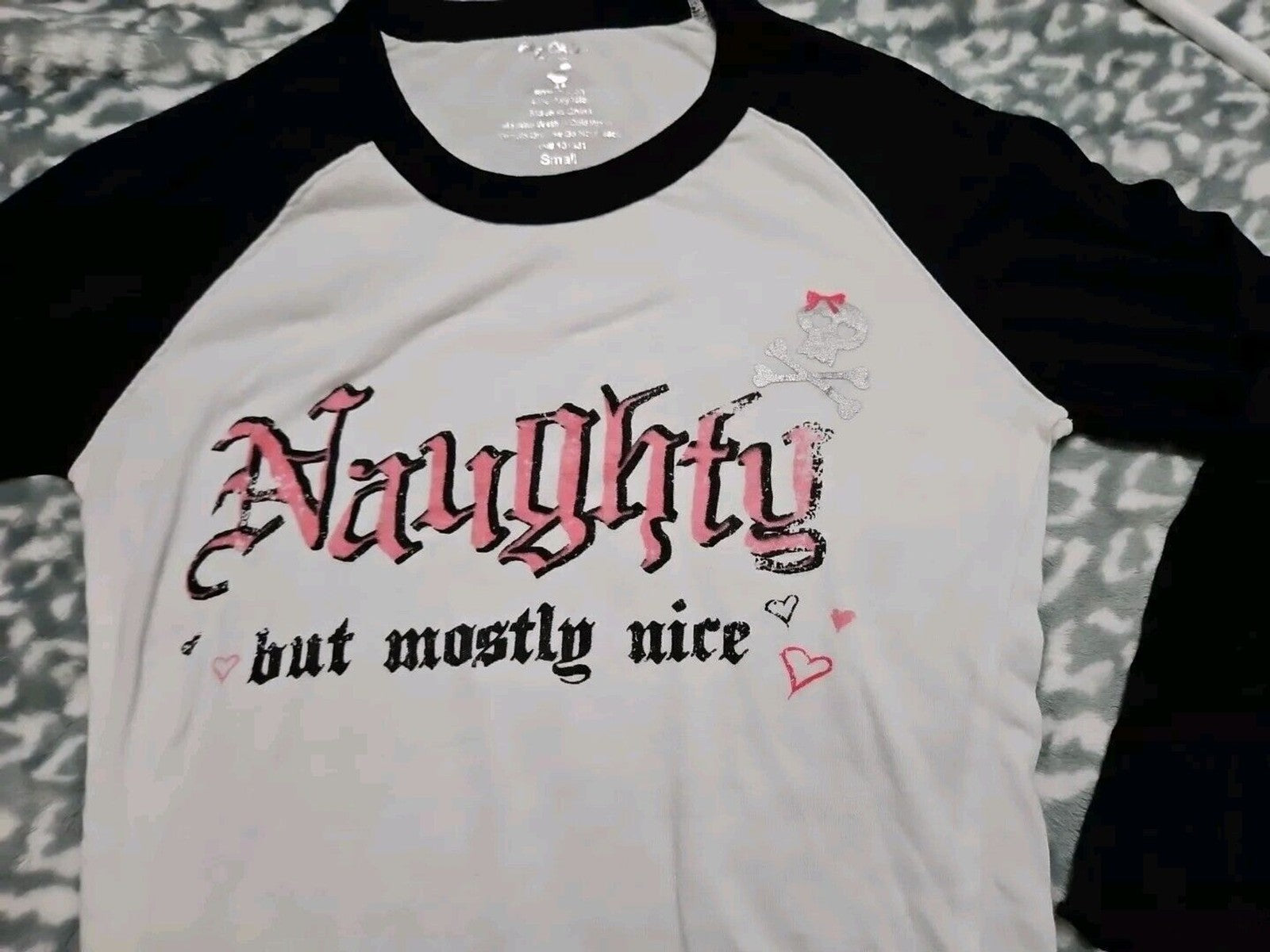 Goth Naughty But Mostly Nice W Silver Skull 3/4 Sleeve Color Block Shirt M