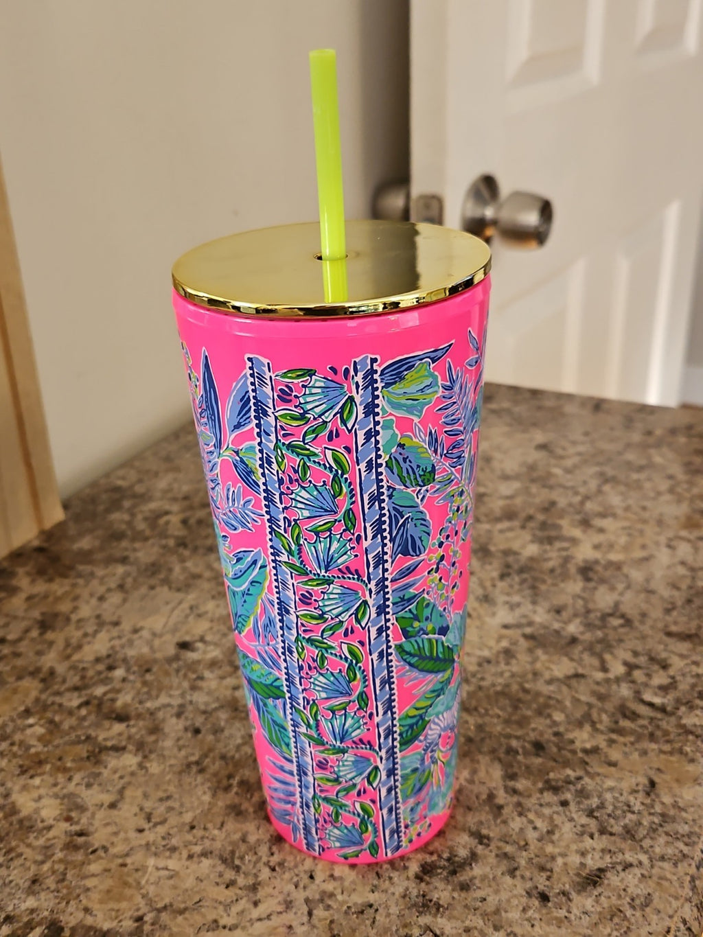 Lilly Pulitzer Tumbler With Straw Lil Earned Stripes Zebra Pink 24 oz. EUC