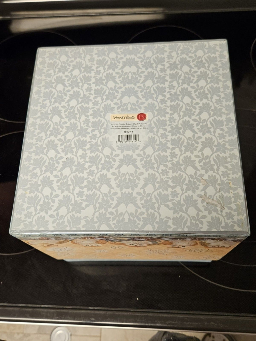 Elegant Storage Box Blue, Yellow, Silver Filigree Owl Print 9"x9"x5"