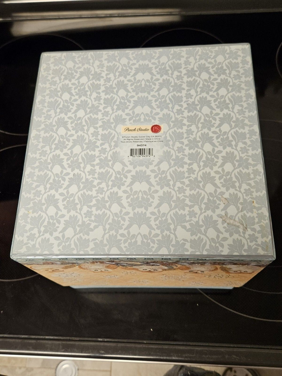 Elegant Storage Box Blue, Yellow, Silver Filigree Owl Print 9"x9"x5"