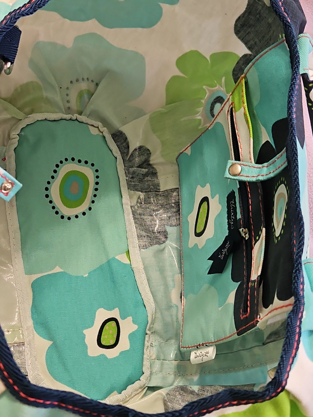 Thirty One Pleated Top Beach Tote 129 Newport Bloom Blue Green Cream 20x13x5"