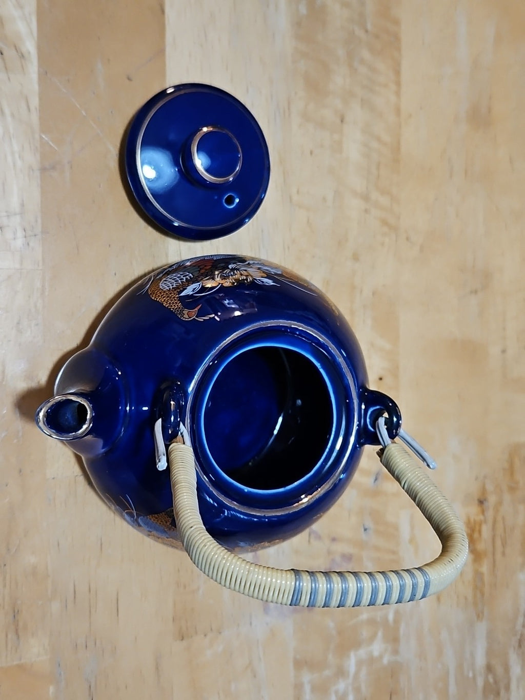 Vintage Japanese Cobalt Blue Tea Set With Gold Peacock Design - Teapot W/ 4 Cups