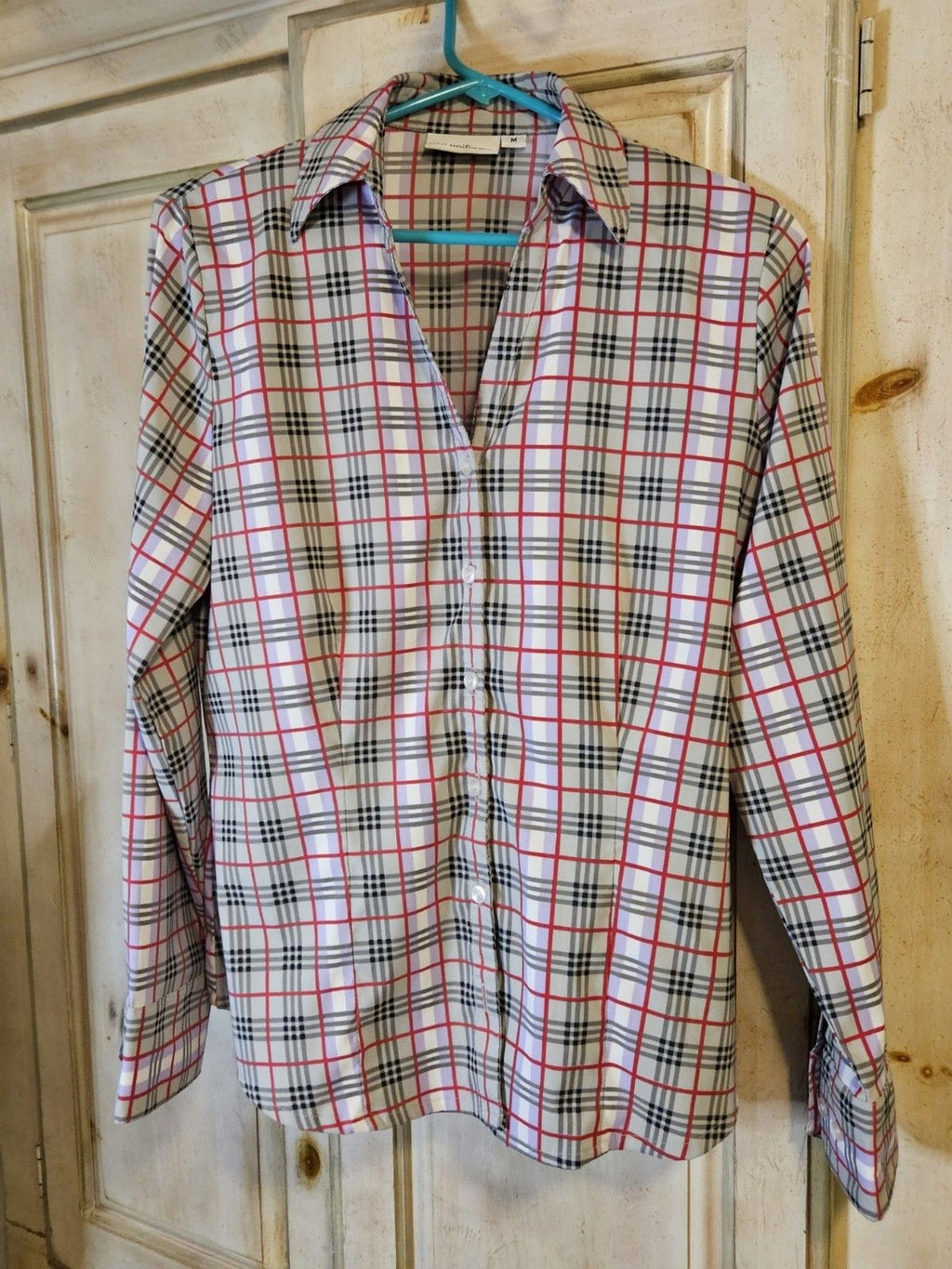 iCO Ladies' Cool Stretch Blouse Long Sleeve - Sz M Pink Purple Grey Plaid