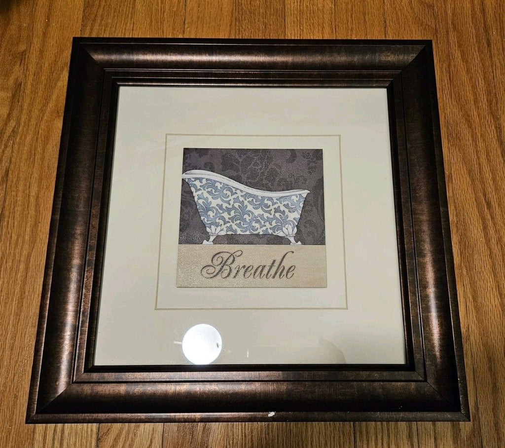 Blue & White Fleur De Lis French Bathtub Breathe Print Matted & Framed 15"x15"