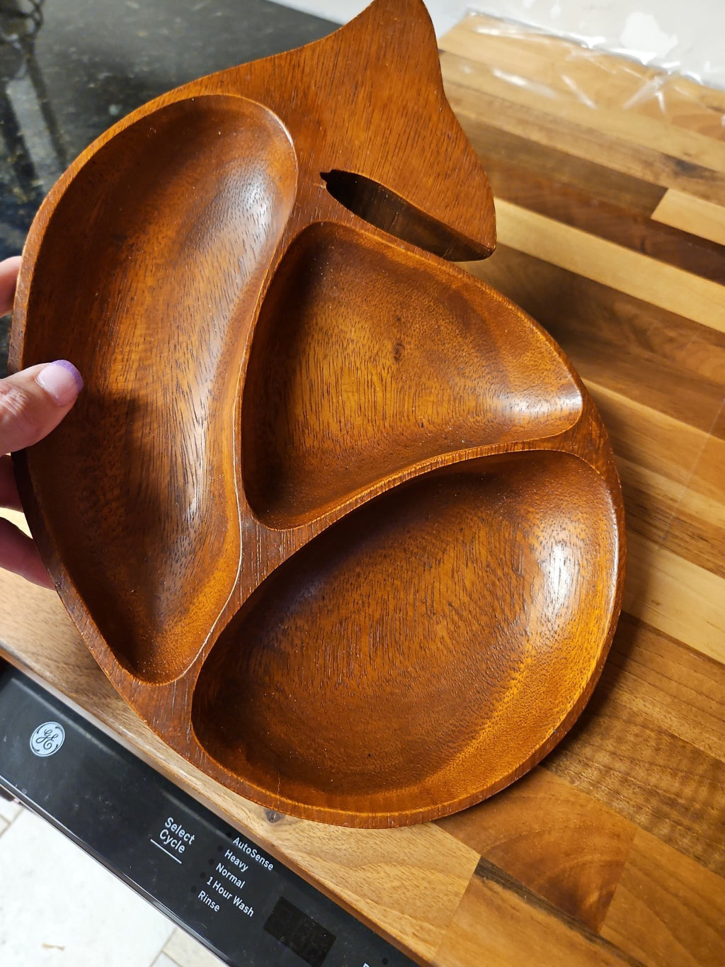 MCM Vintage Monkey Pod Carved Wooden Whale Divided Candy Dish Nut Dish