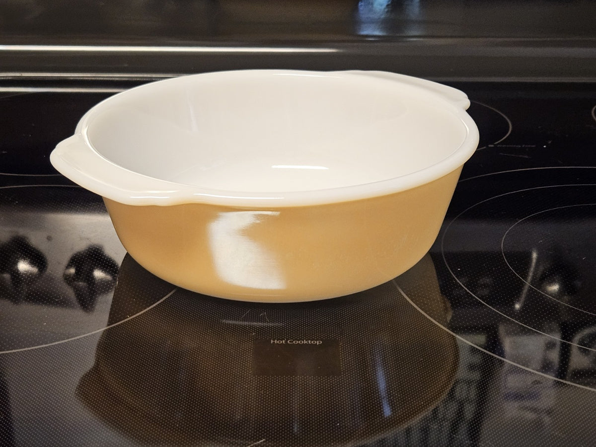 Vintage Fire King Peach Lustre Swirl 2 QT Round Casserole Dish Backward Stamp!