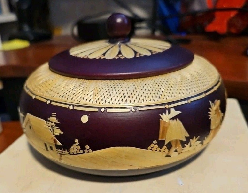 Handmade Straw Marquetry Wooden Trinket Bowl W/ Lid Village Scenery 6” Round
