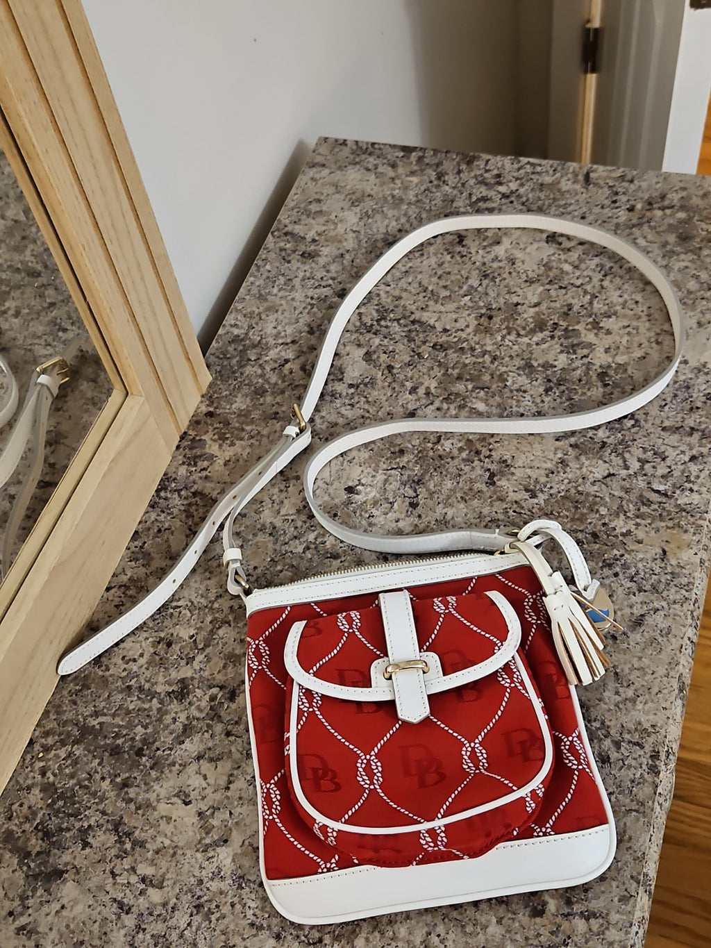 Vintage Y2K Nautical Dooney & Bourke Red & White DB Signature Jacquard Crossbody