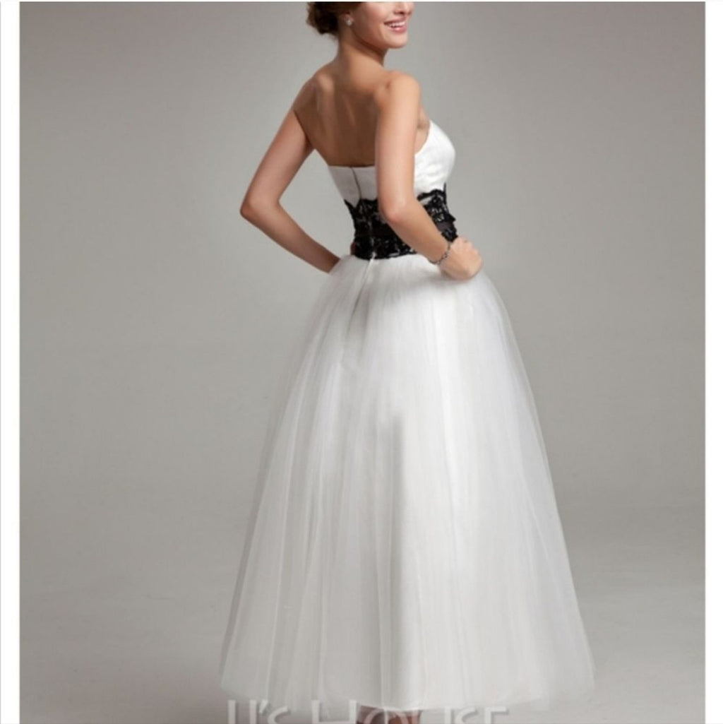 NWT Tea Length JJs House White Wedding Dress Black Accent Waist Detail Size 14