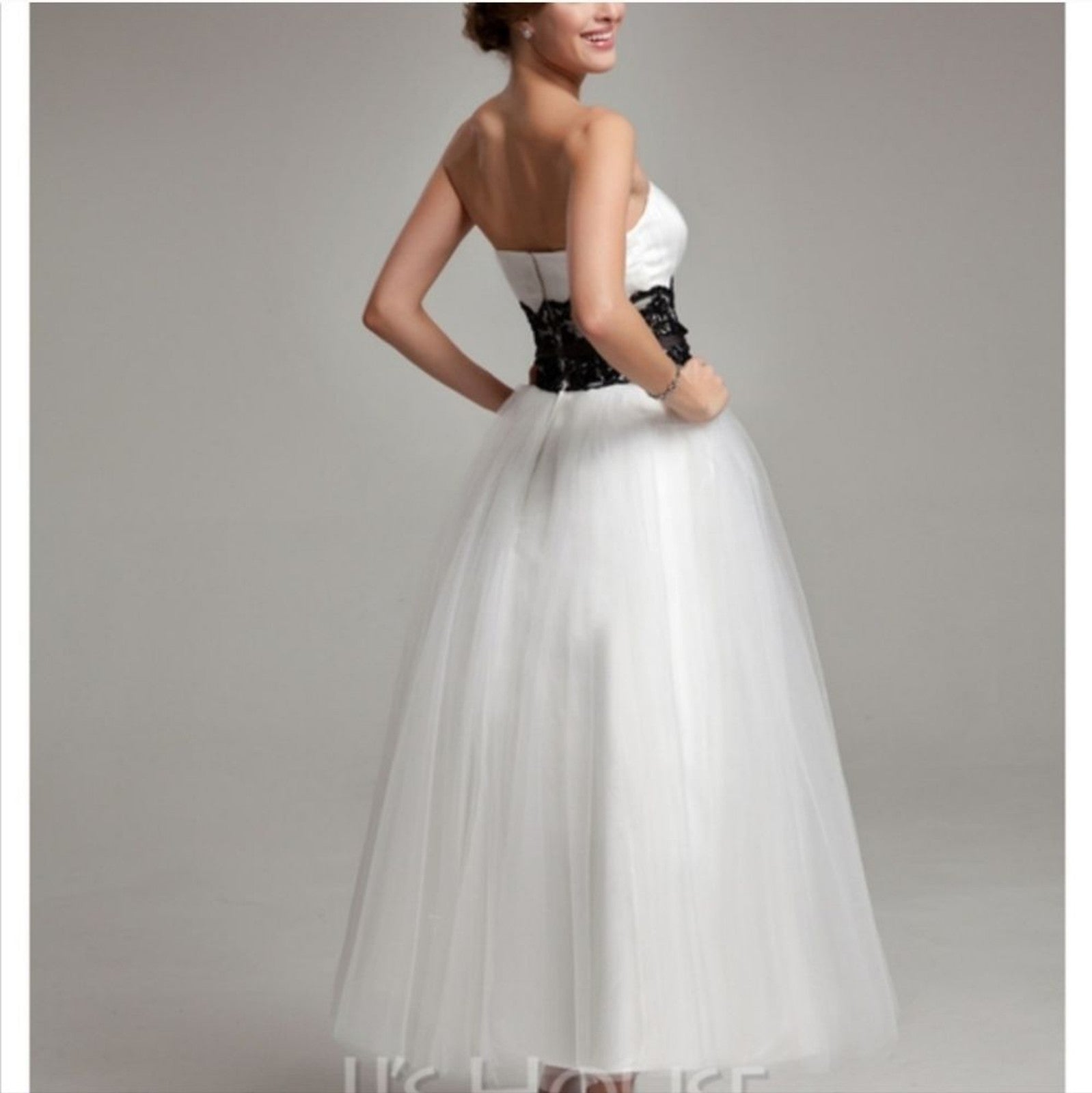 NWT Tea Length JJs House White Wedding Dress Black Accent Waist Detail Size 14