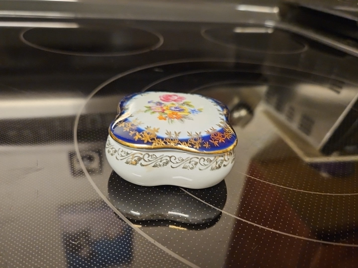 Hand Painted Porcelain Cobalt Blue German Floral Trinket Box Gold Detail