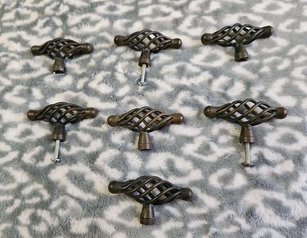 Lot of 7 Oval Bird Cage Dark Tone Metal Drawer Cabinet Pull Knobs