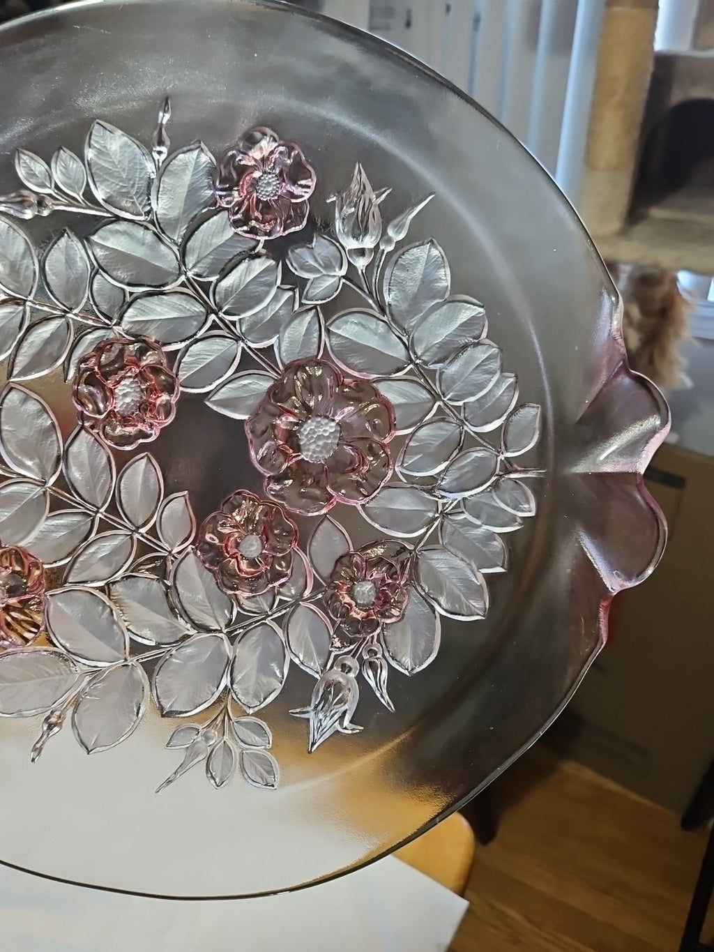Mikasa Rosella 14" Cake Plate Floral Pattern Pink Roses With Frosted Leaves