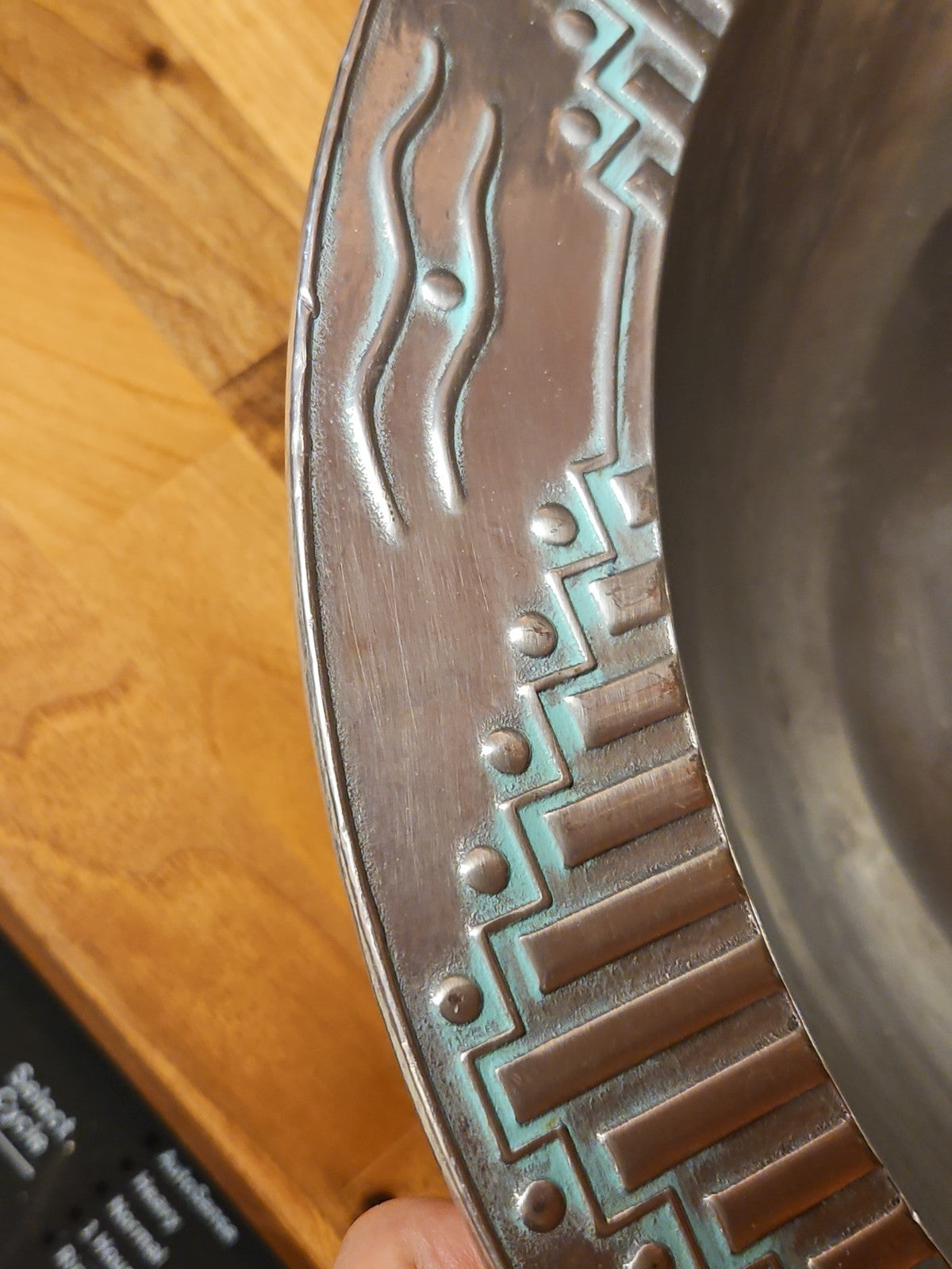 Vintage Wilton Armetale 14" Bowl Turquoise Zia Southwest Pattern Very Nice!