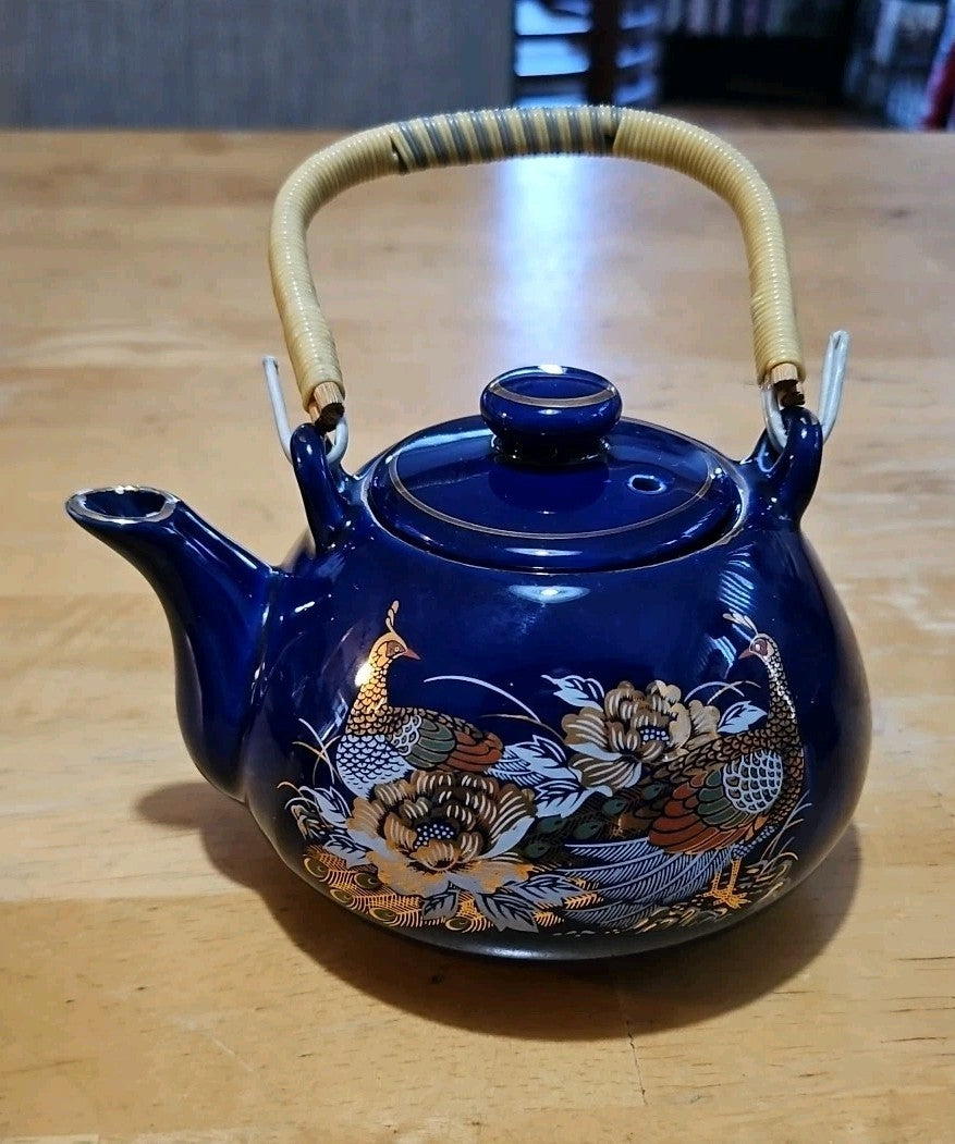 Vintage Japanese Cobalt Blue Tea Set With Gold Peacock Design - Teapot W/ 4 Cups