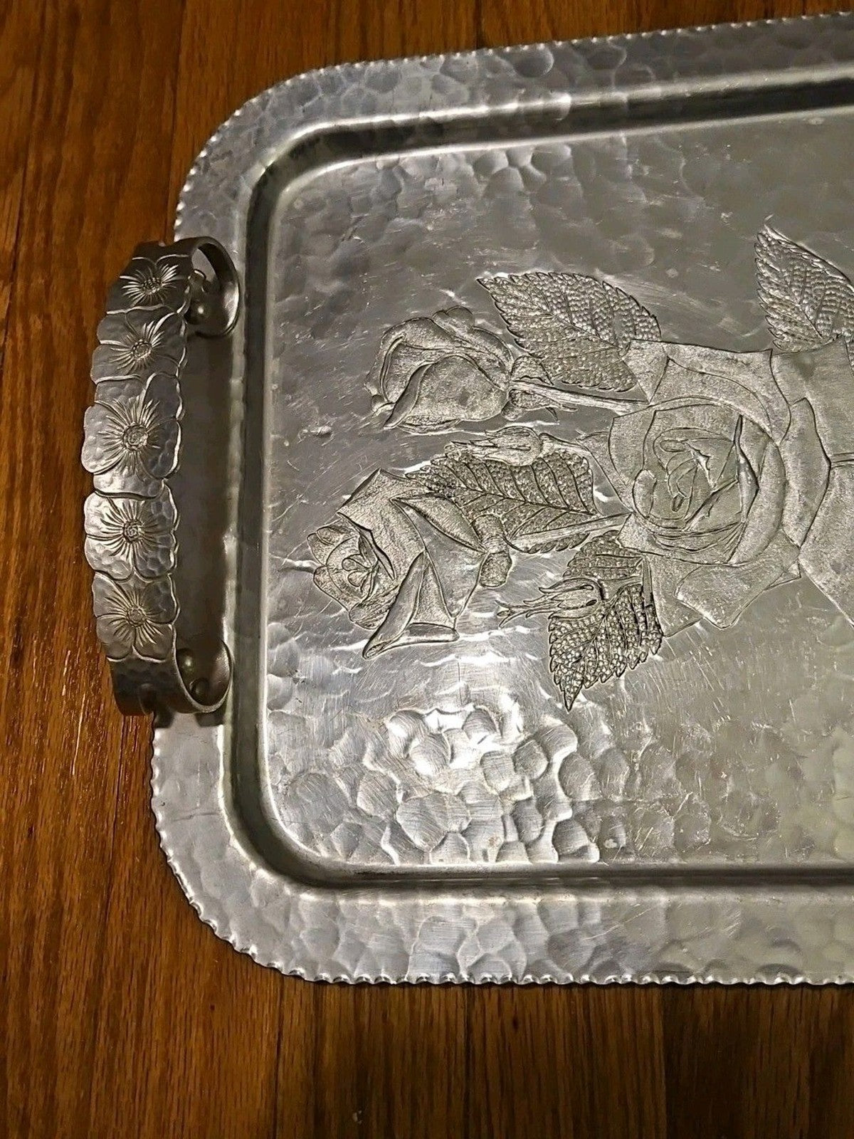 VINTAGE CONTINENTAL SILVER CO WILD ROSE BRILLIANTONE #1023 HAMMERED SERVING TRAY