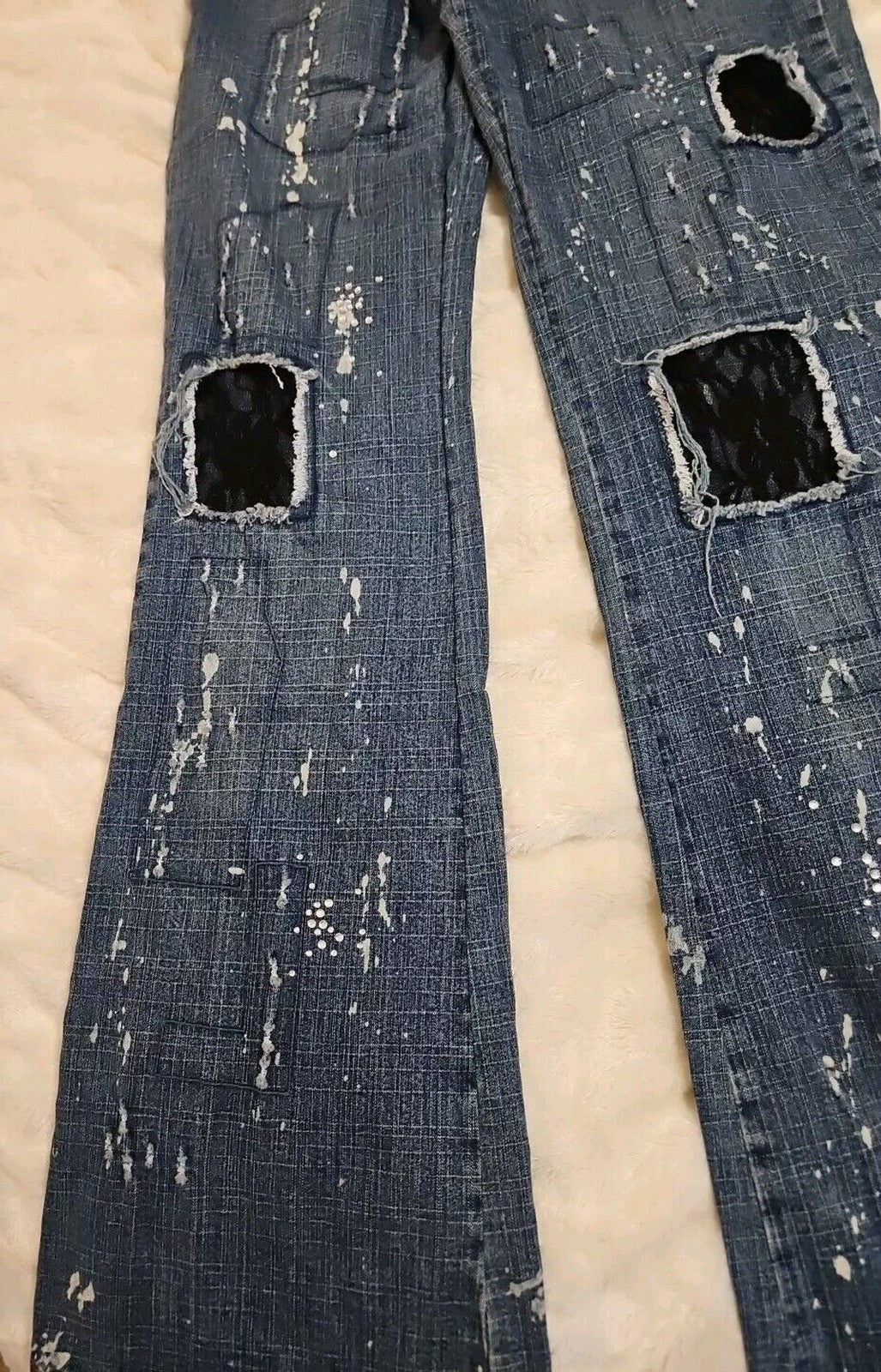 Blue Asphalt Women's Vintage Y2k Jeans Size 3 Paint / Black Lace / Chain Detail