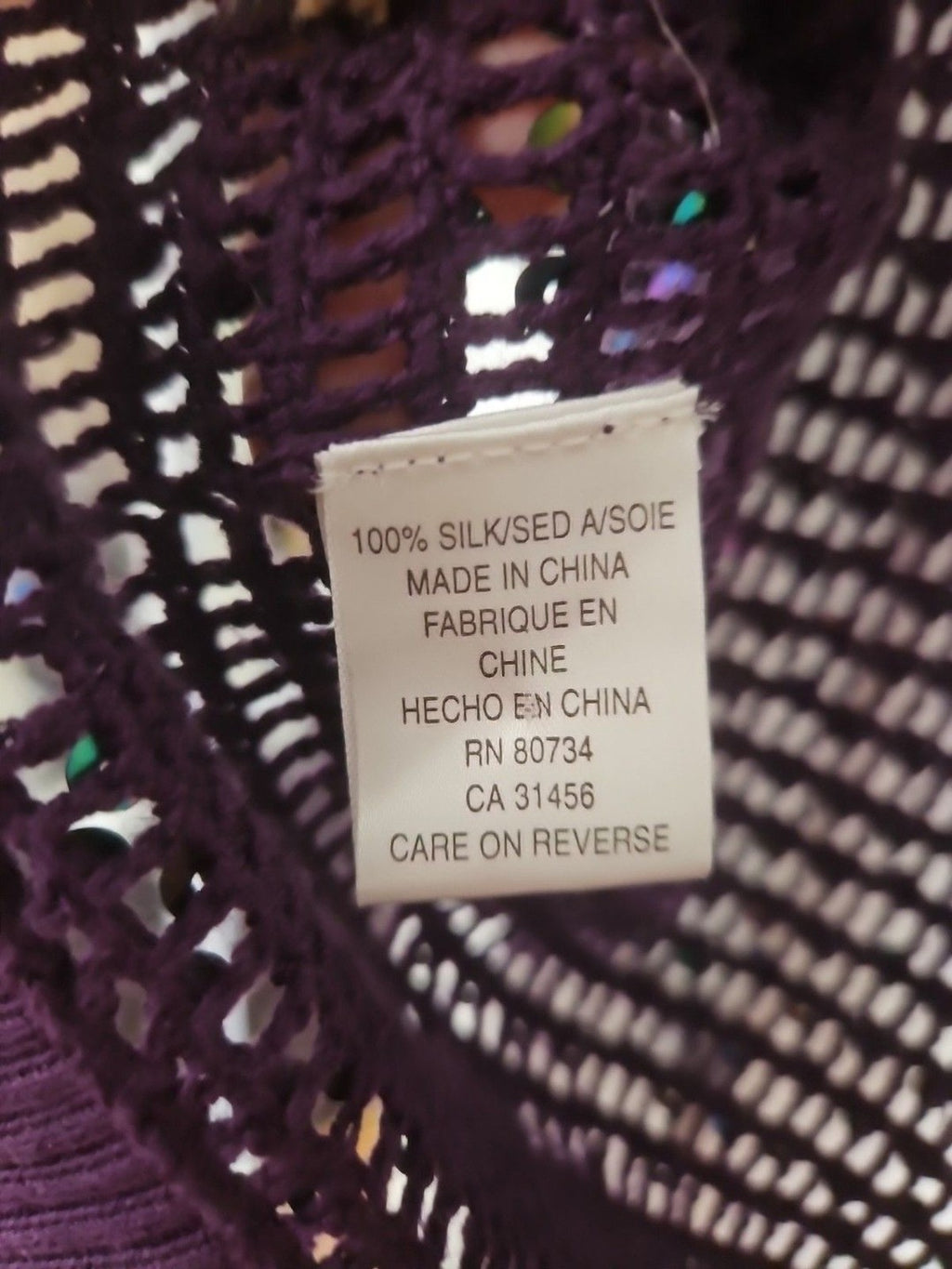 BCBGMAXAZRIA Women's 100% Silk Purple Knit Shrug With Blue Sequins Size M