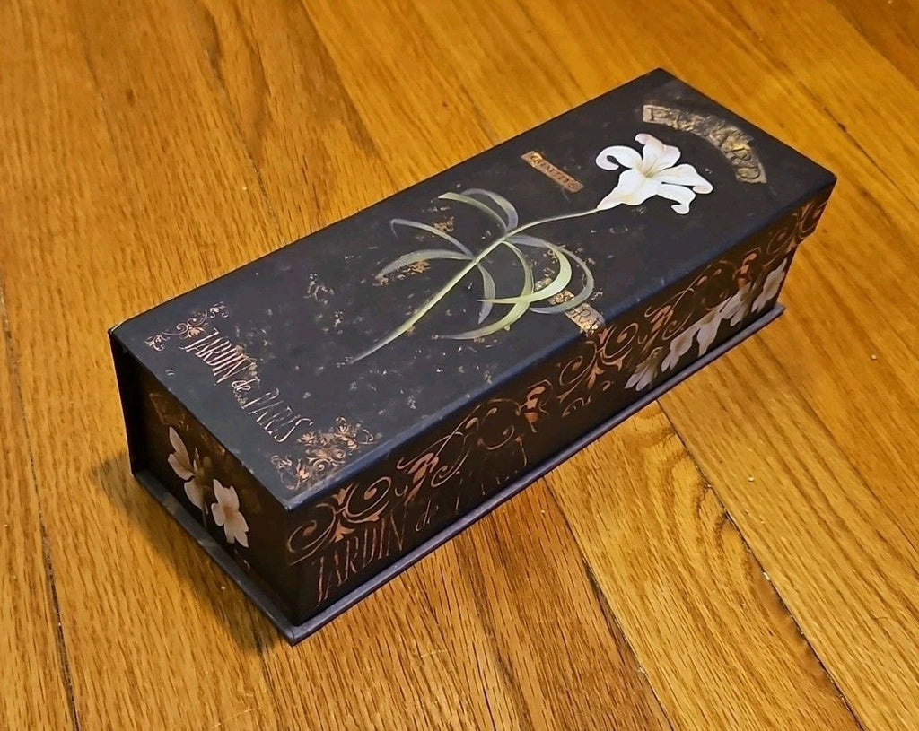 Elegant Storage Box Black Jardin De Paris With White Lilies apprx 10.5x3.75x2.75