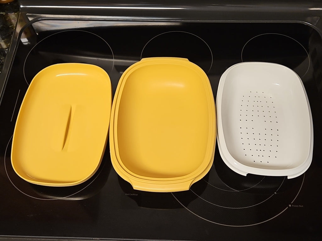 Vintage Tupperware Microwave Steamer #1273 Harvest Gold 3 Piece Set