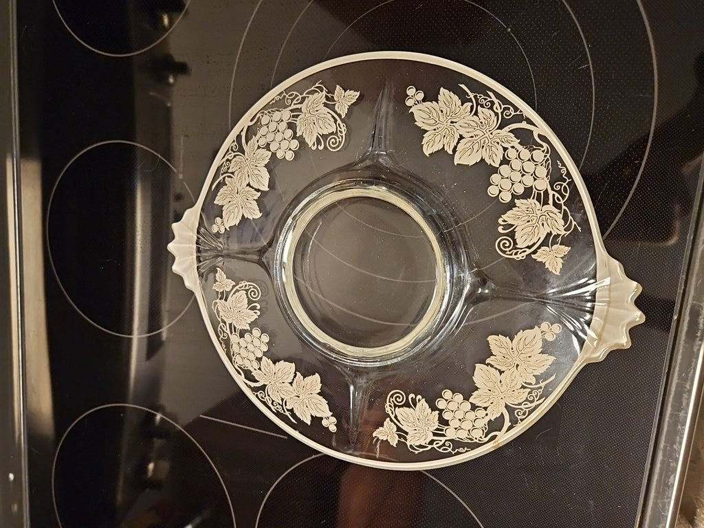 Vintage Glass Serving 11.5" Platter With Silver Grape Vine & Leaves Design