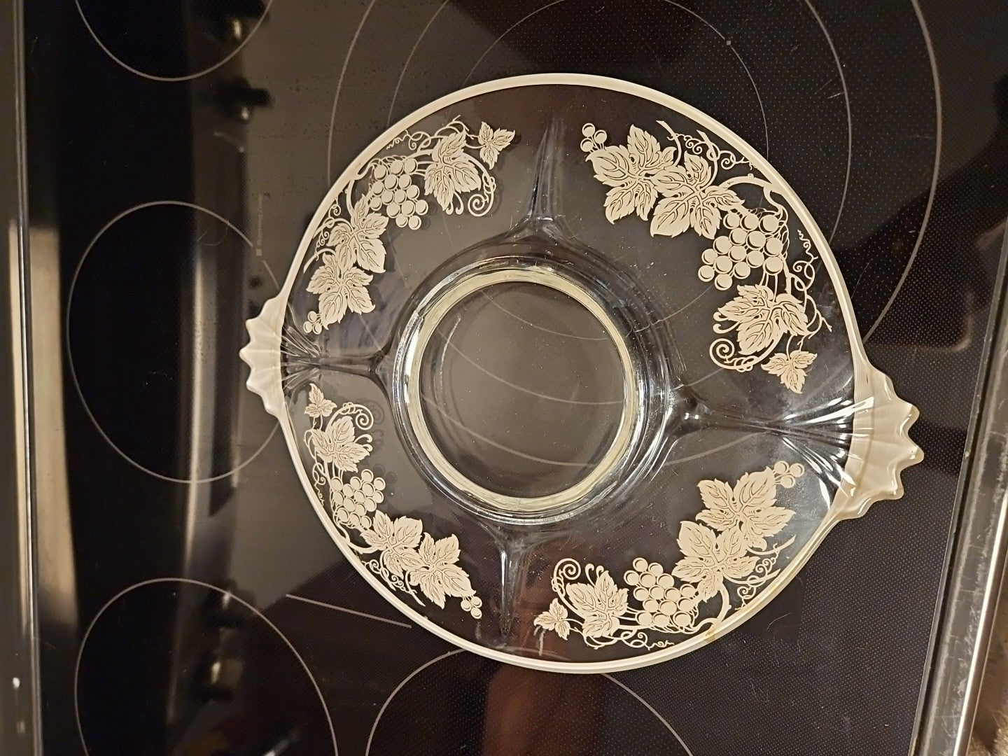 Vintage Glass Serving 11.5" Platter With Silver Grape Vine & Leaves Design