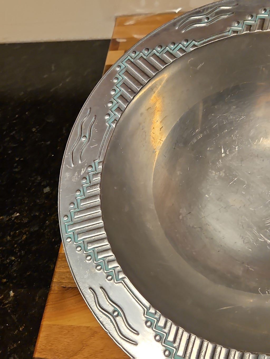 Vintage Wilton Armetale 14" Bowl Turquoise Zia Southwest Pattern Very Nice!