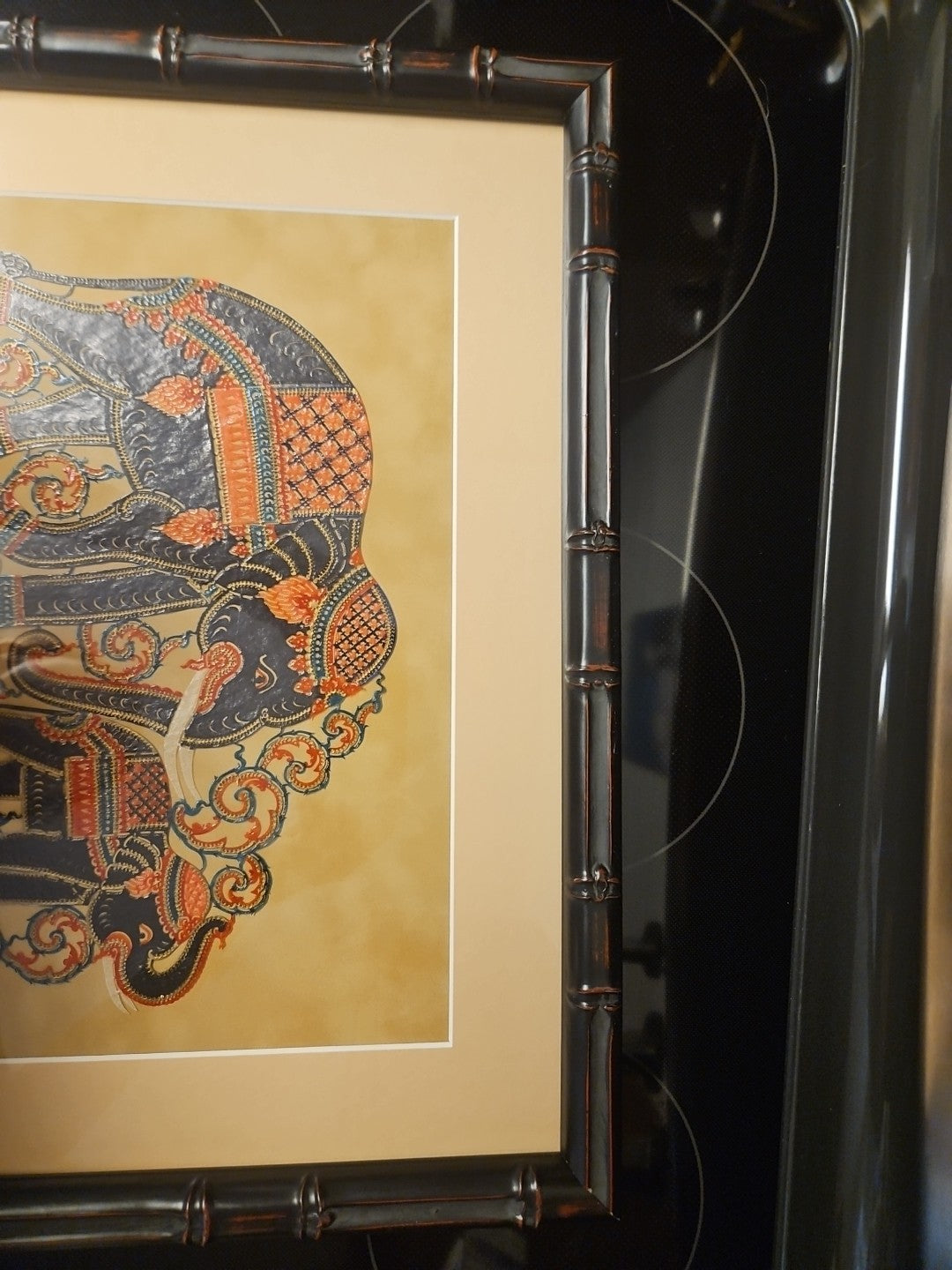 Framed Hand Carved Thai Elephant Hammered Painted Leather Nang Taloong 19.5"x16"